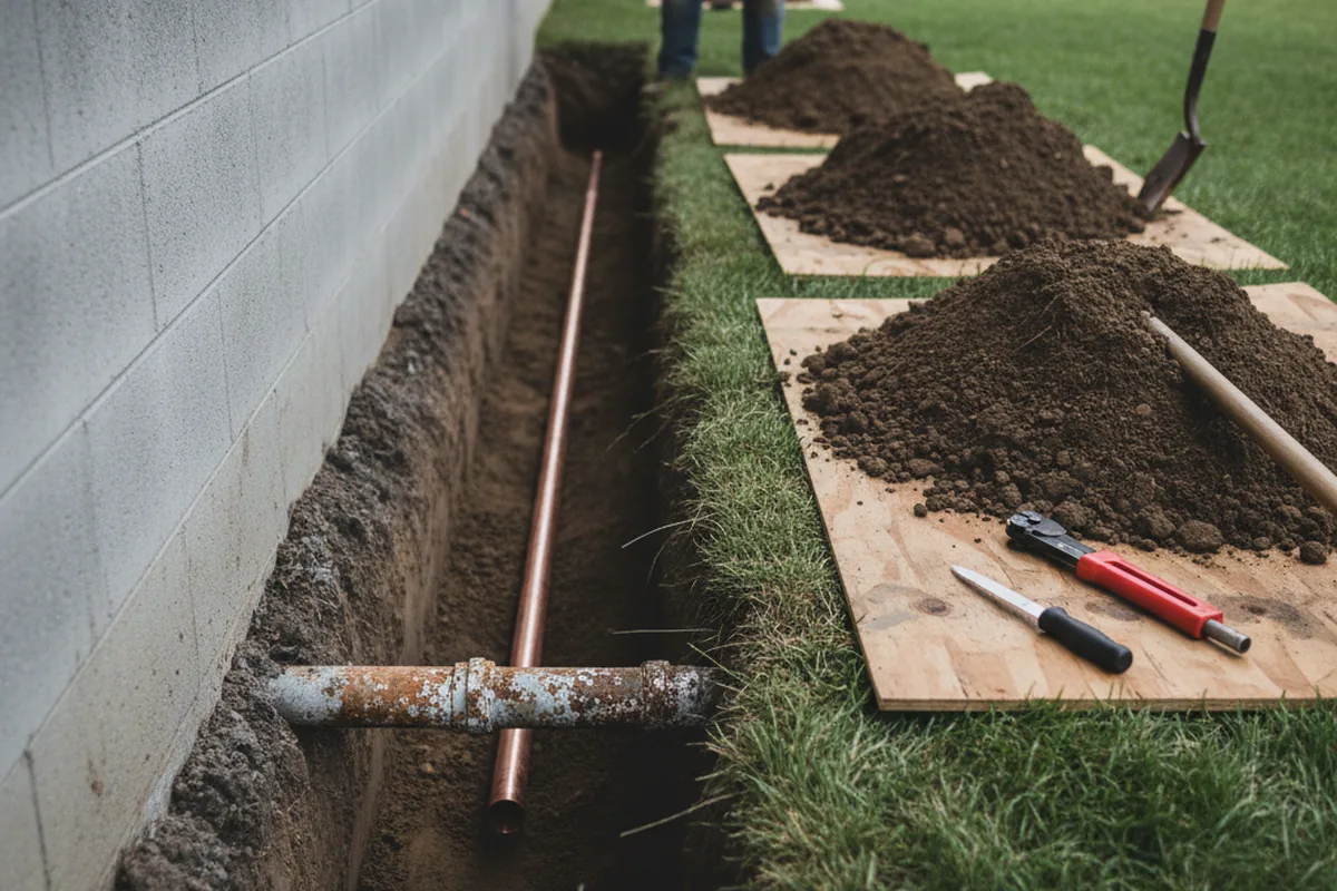 Excavated water line trench during Water Softener Installation in Oriental